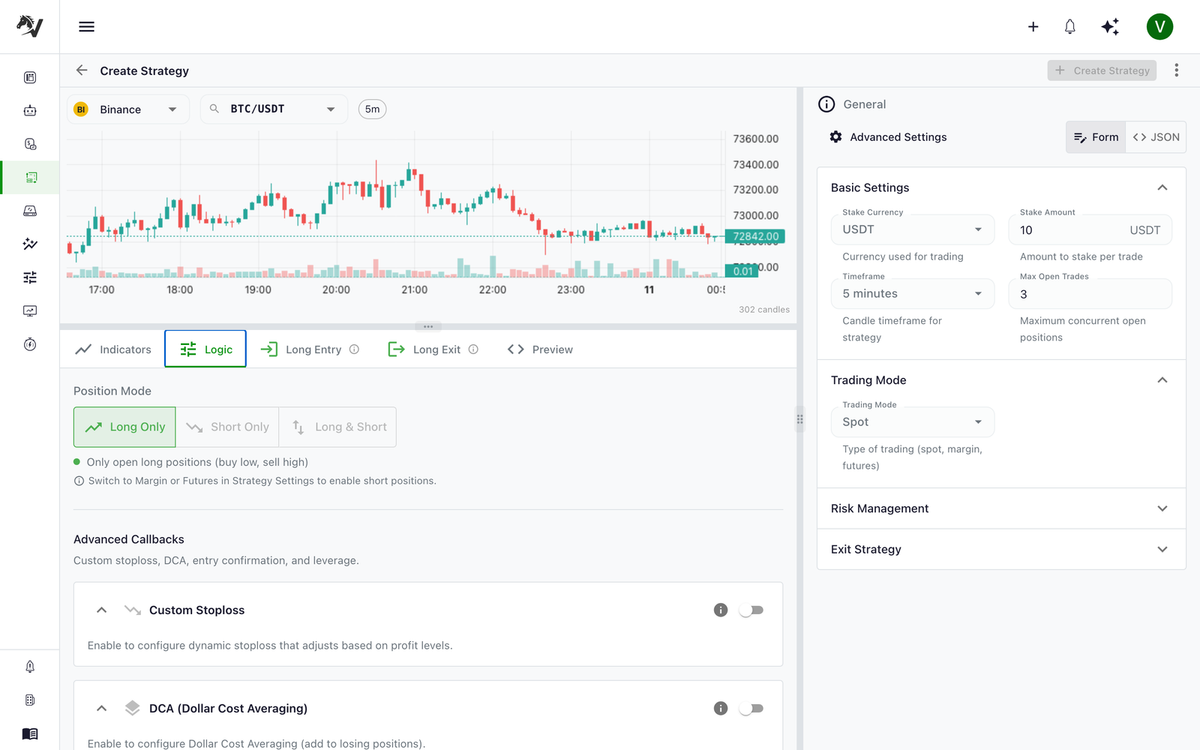Strategy Studio Logic tab showing the Position Mode selector with Long Only active, plus Advanced Callbacks panels for Custom Stoploss and DCA where parameter ranges can be configured for hyperopt