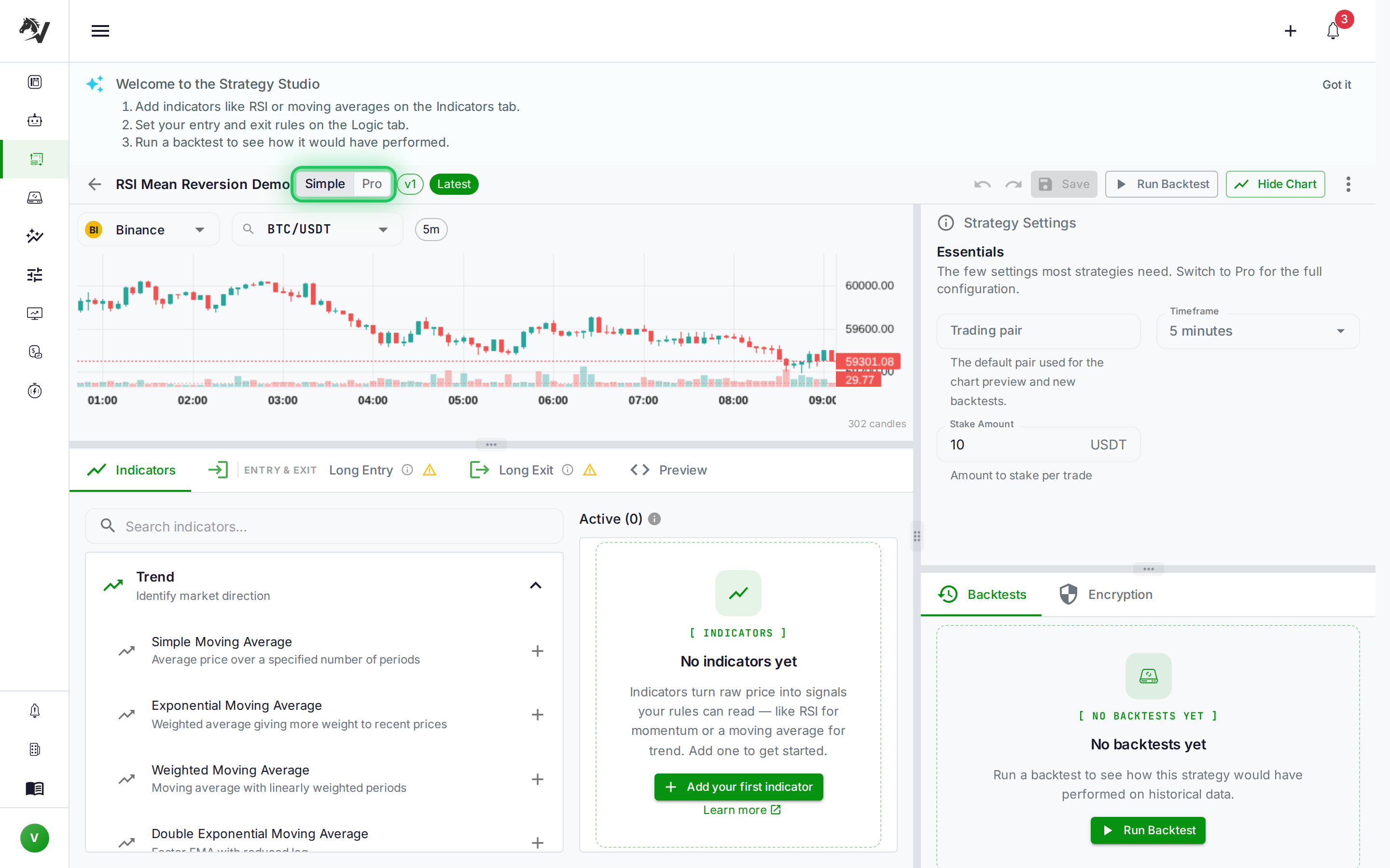 VolatiCloud Strategy Studio showing the Simple/Pro mode toggle in the toolbar and the Indicators tab with indicator library and live chart