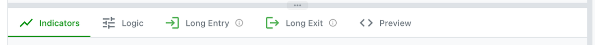 Strategy Builder tab bar with Indicators, Logic, Long Entry, Long Exit, and Preview tabs