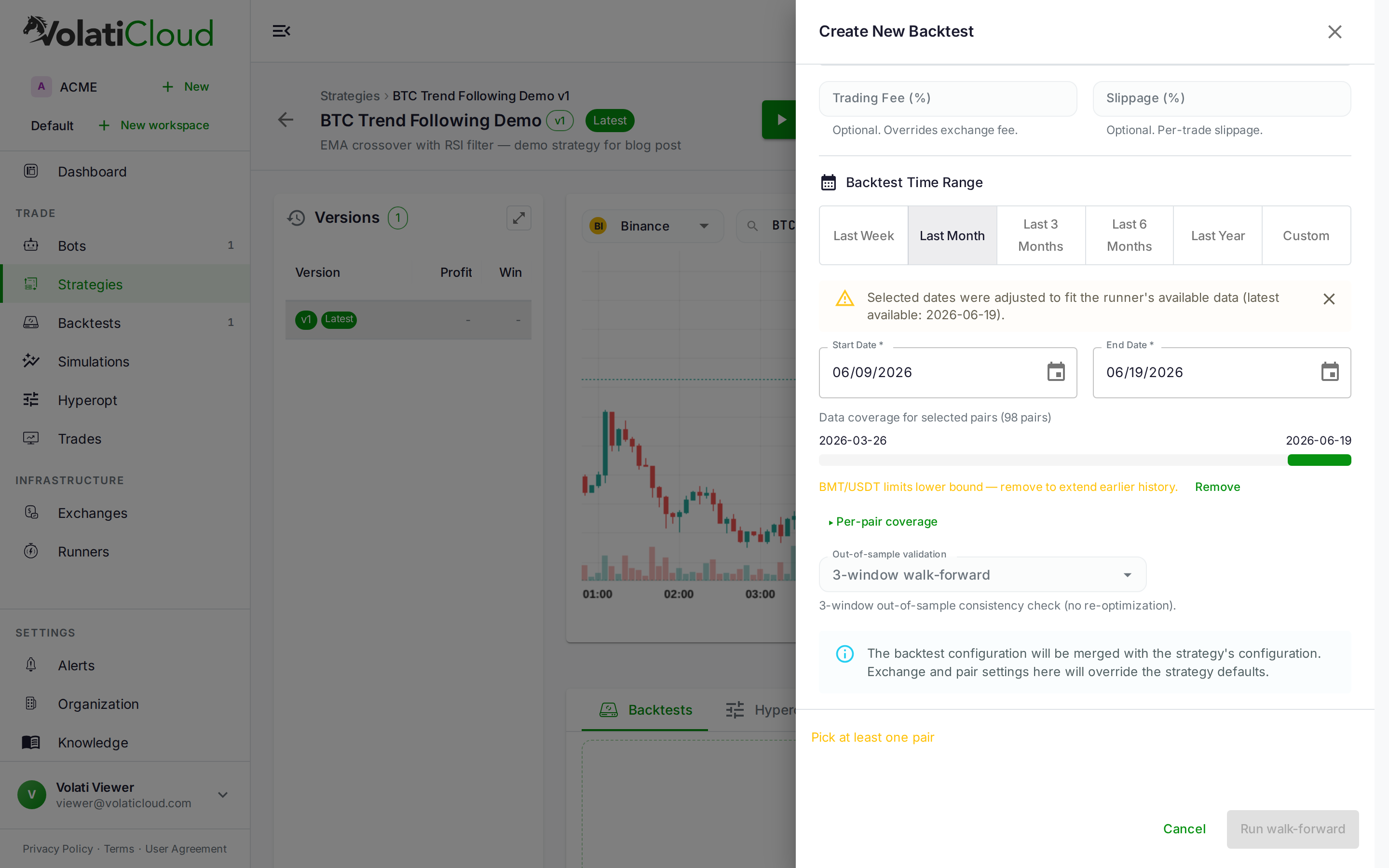 Create Backtest drawer with Out-of-sample validation set to 3-window walk-forward, showing the "3-window out-of-sample consistency check (no re-optimization)" helper text