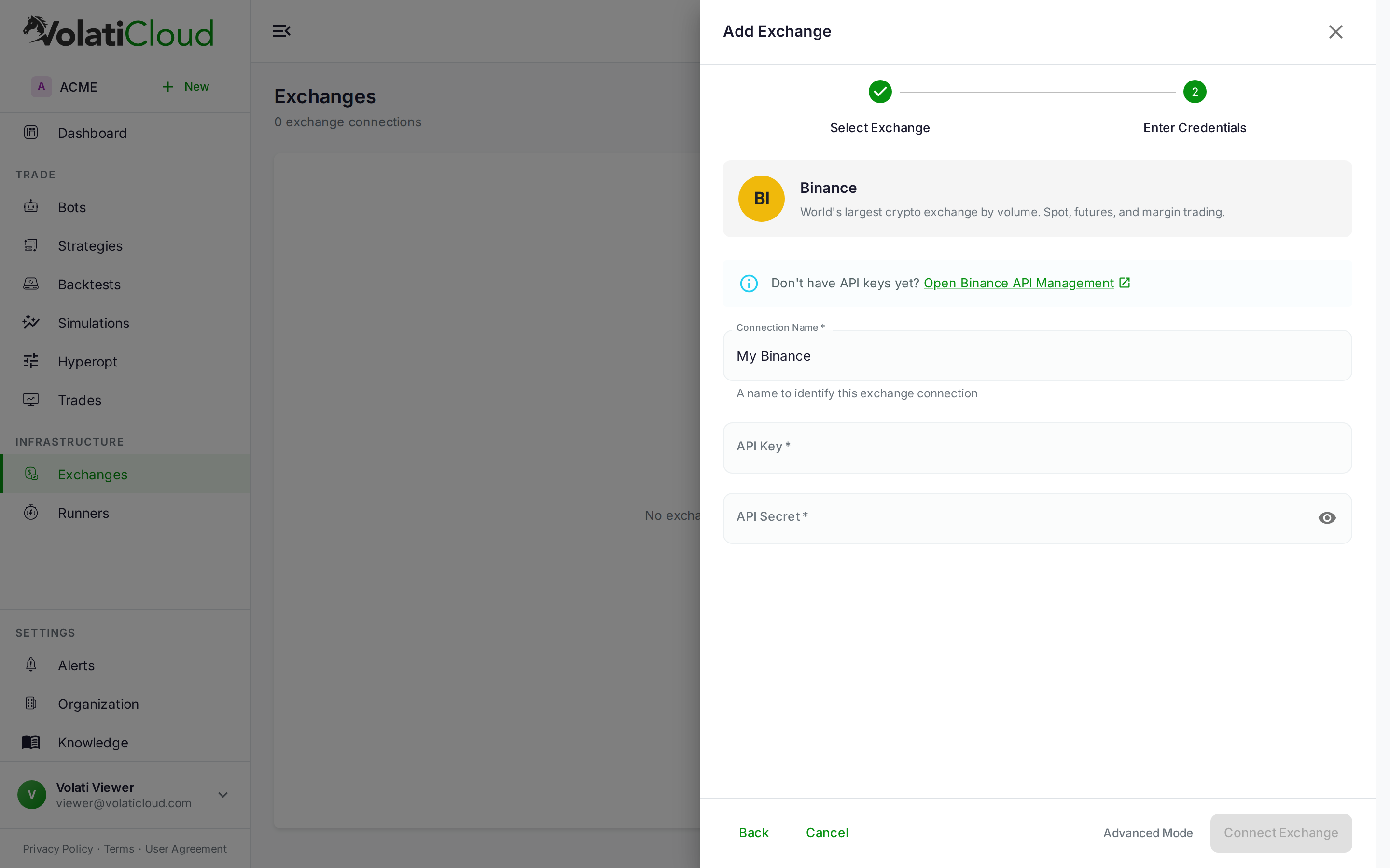 Step 2 of the Add Exchange wizard for Binance, showing form fields for Connection Name, API Key, and API Secret, an Open API Management helper link, and Back and Connect Exchange buttons in the footer